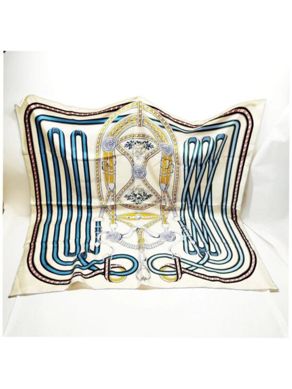 Hermès Mors à la Conétable Carré 90 Silk Scarf Cream Blue Equestrian Vintage - Picture 2 of 10